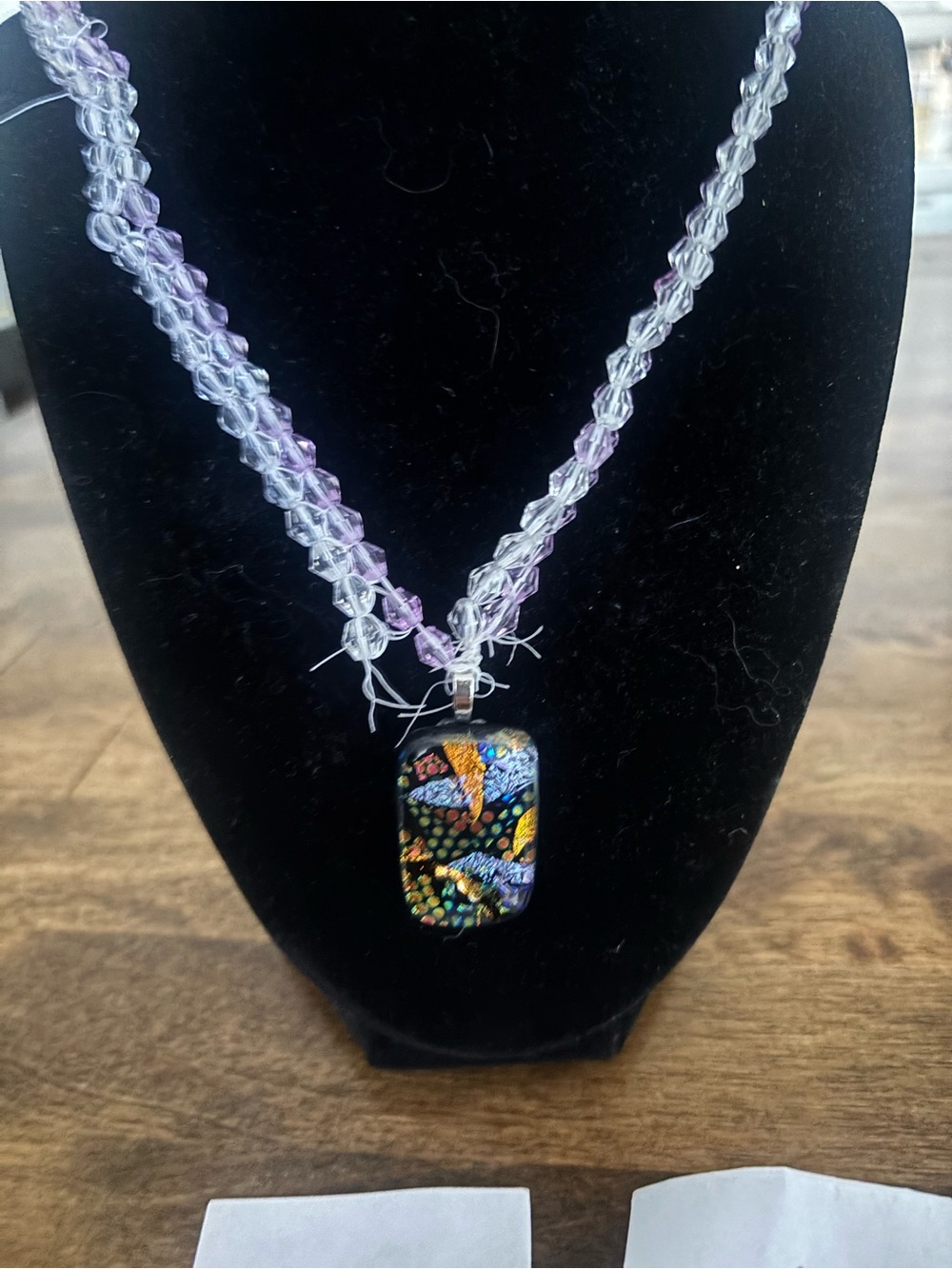 Hand Crafted Purple Beaded Necklace with Multicolor Dichroic Glass Pendant